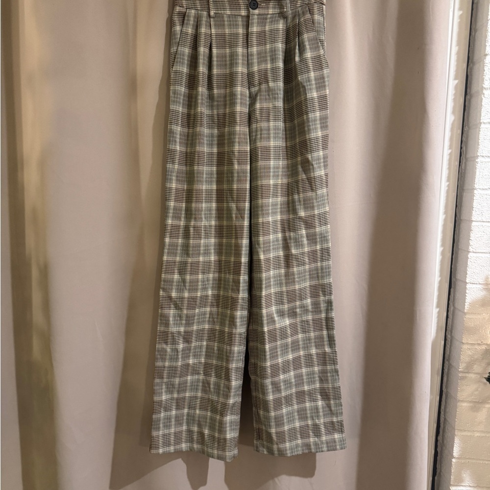Women’s Beige Long Checkered Wide-Leg Pants